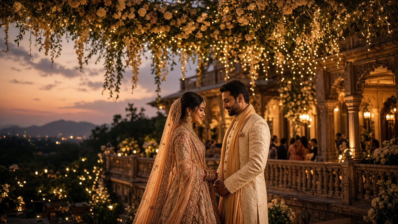 Cinematic wedding film still of a couple at golden hour