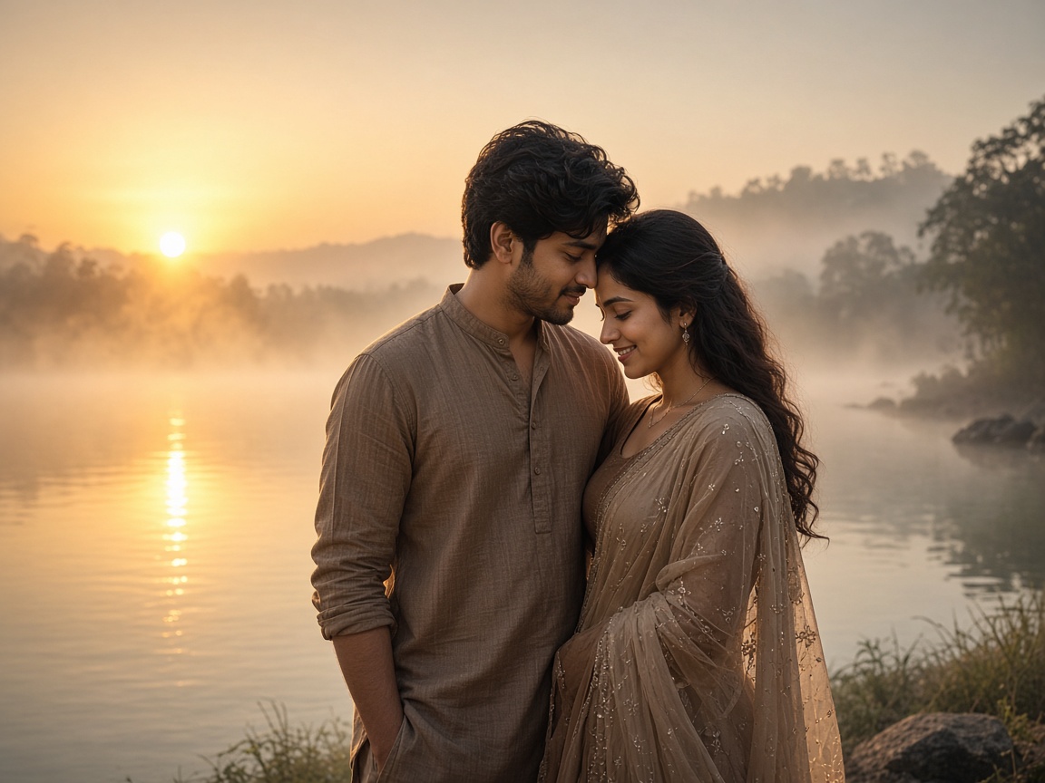 Pre-wedding couple at a misty lakeside