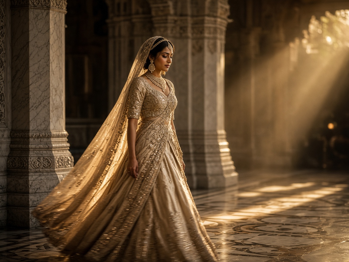 Bride walking through a sunlit palace corridor