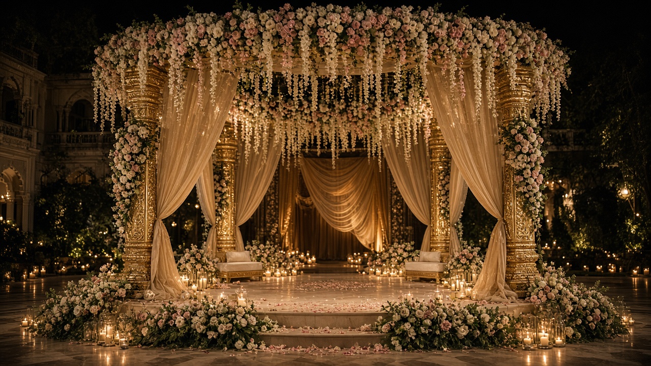 Night-time wedding mandap with floral lighting